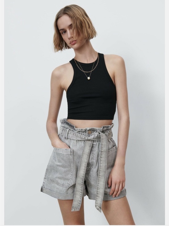 Zara Pants - High-Waist Washed Gray Denim Paperbag Shorts
